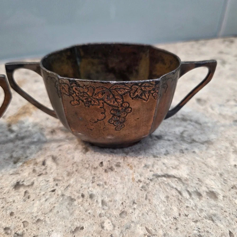 Vintage Japan Copper Creamer Sugar Bowl Set Embossed Grape Motif Cottagecore